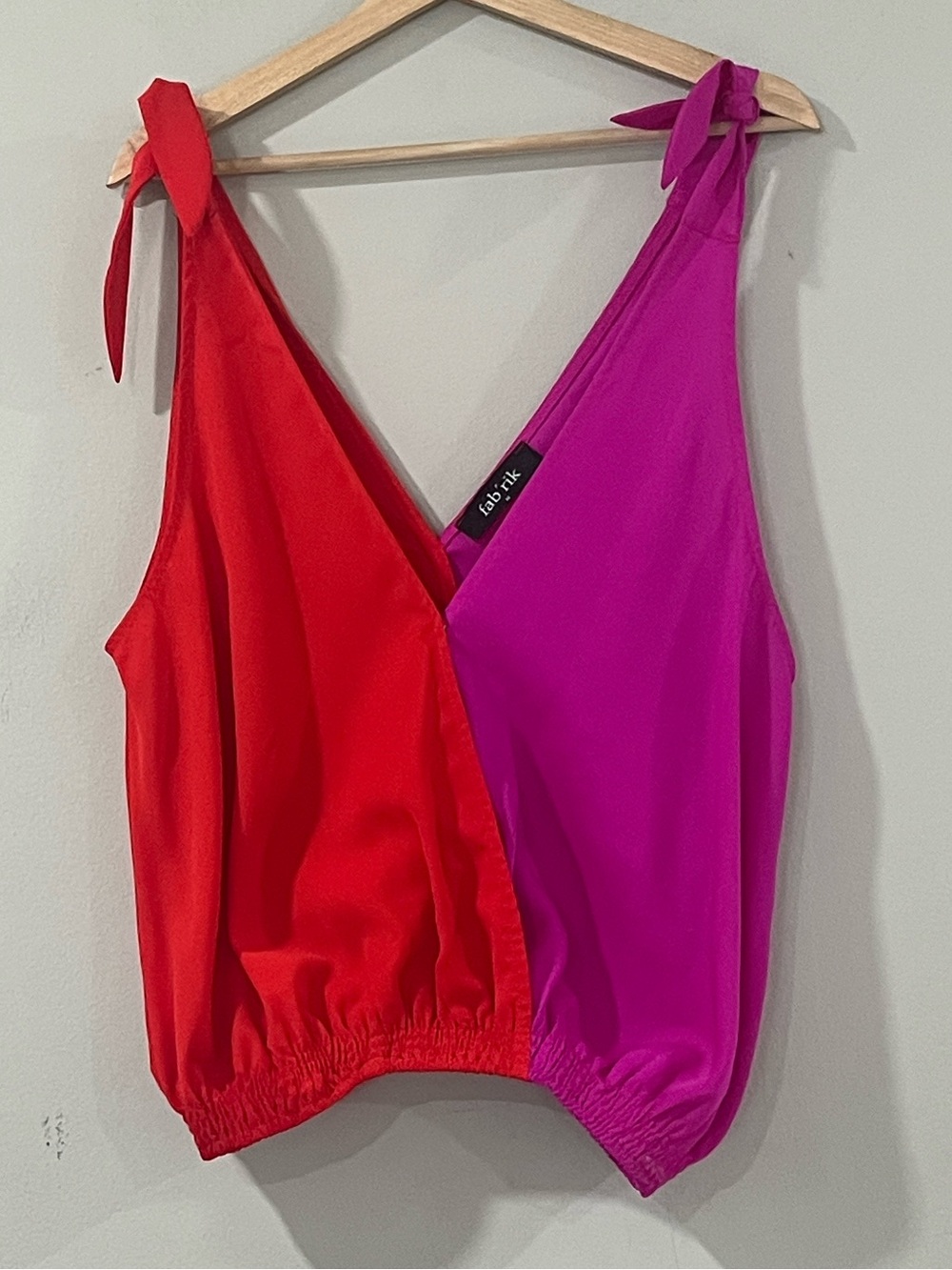 fab'rik Red and Fuchsia Colorblock Tie-Shoulder Tank